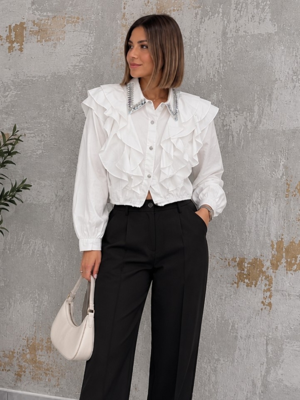 Dreamers White Ruffle Crop Blouse with Embellished Collar